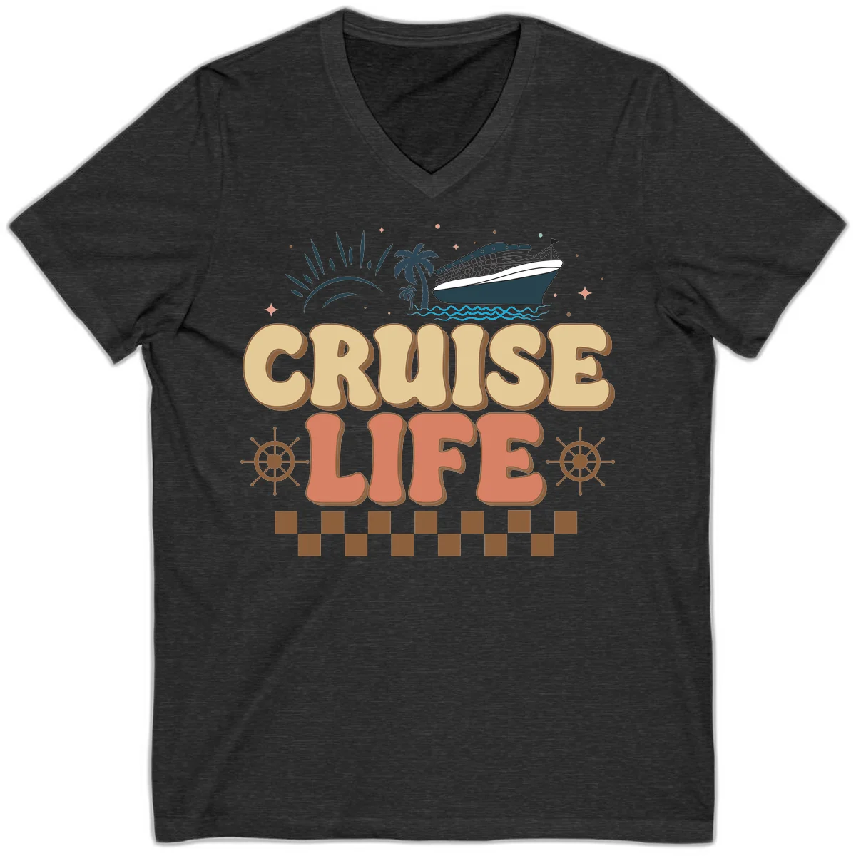 Cruise Life Retro Vacation V-Neck Tee for Travel in Dark Grey Heather