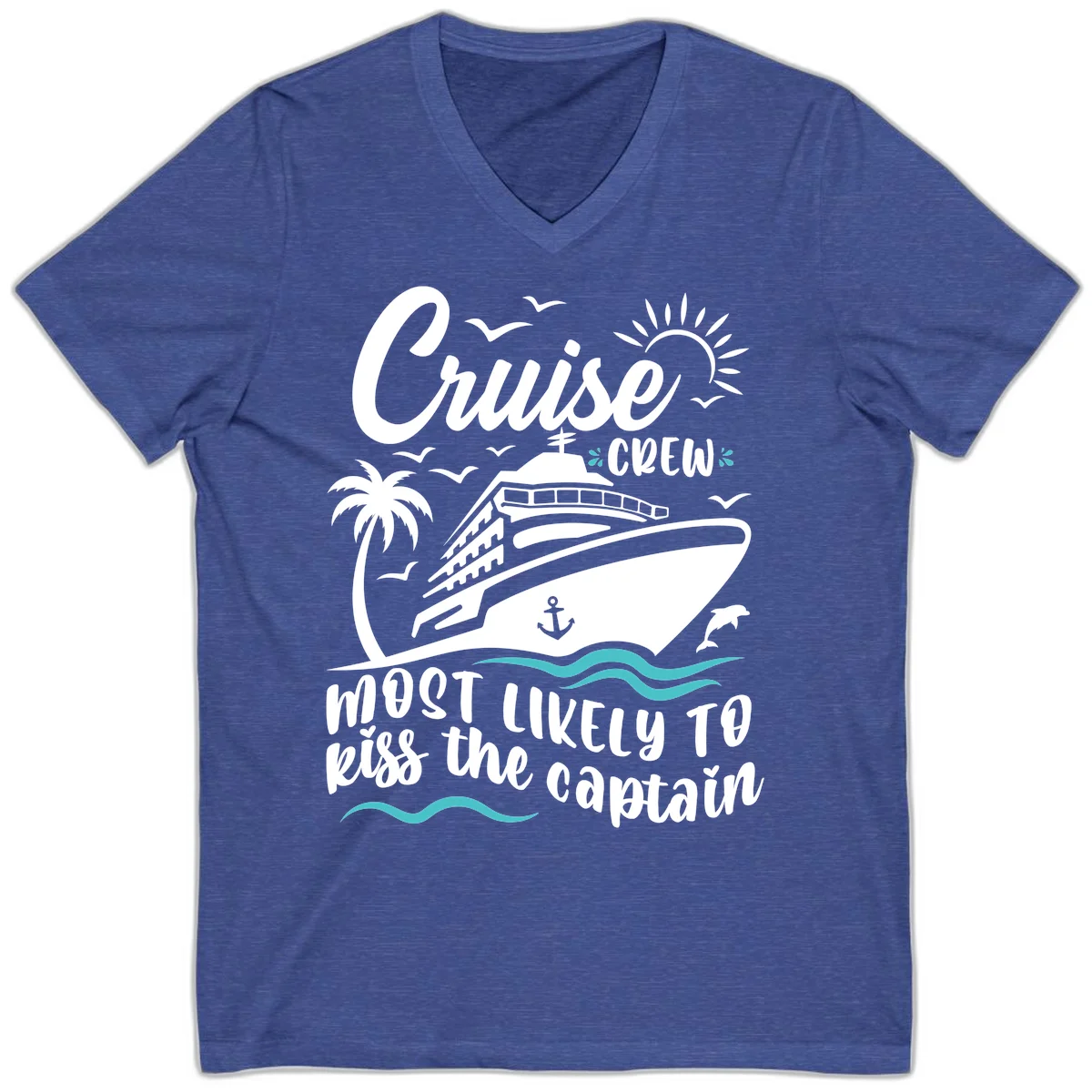 Cruise Crew Kiss The Captain V-Neck Tee in Heather True Royal