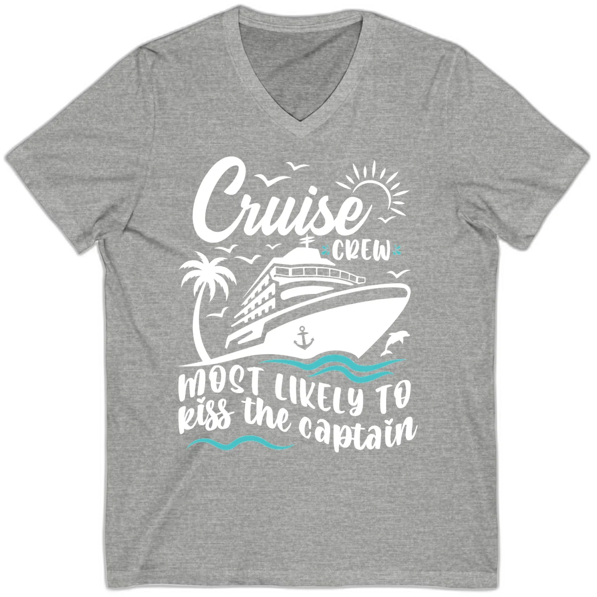 Cruise Crew Kiss The Captain V-Neck Tee in Athletic Heather