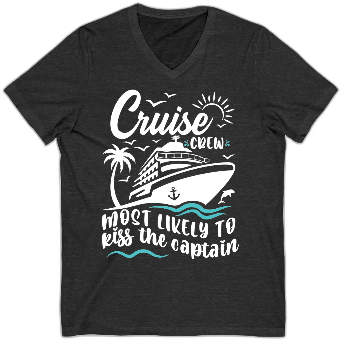 Cruise Crew Kiss The Captain V-Neck Tee in Dark Grey Heather