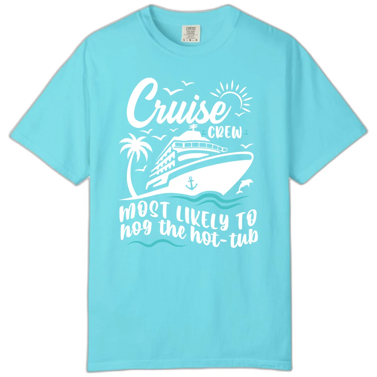 Cruise Crew Hot Tub Humor Comfort Color Tee in Lagoon Blue