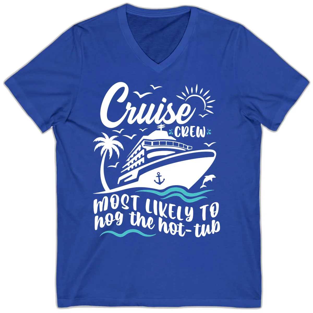 Cruise Crew Hot Tub Humor V-Neck Tee in True Royal