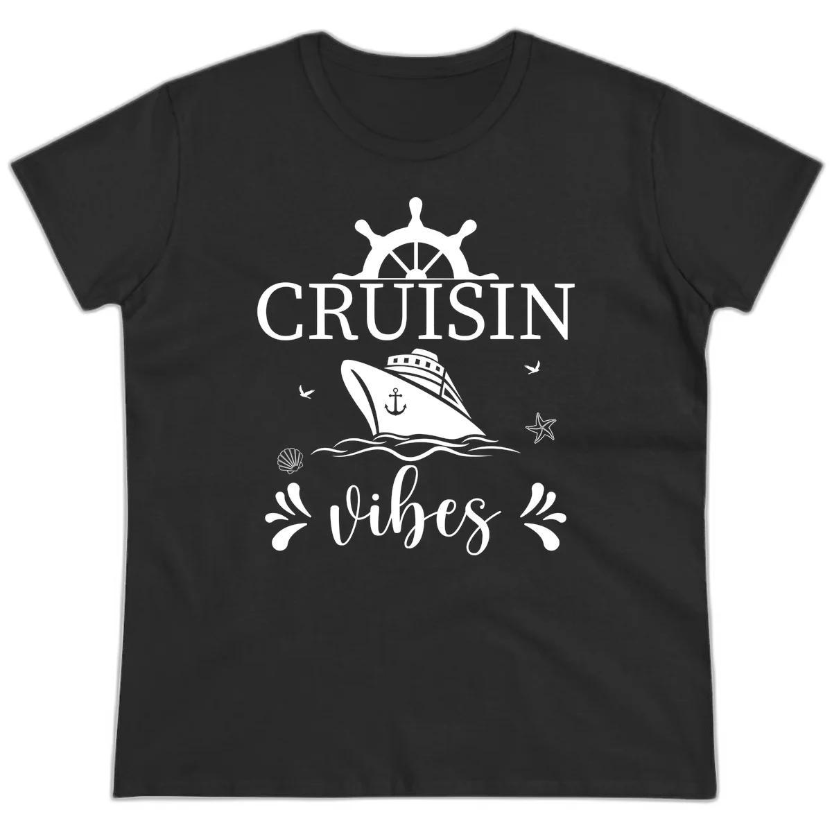Cruisin Vibes Nautical Helm Ladies Tee in Black