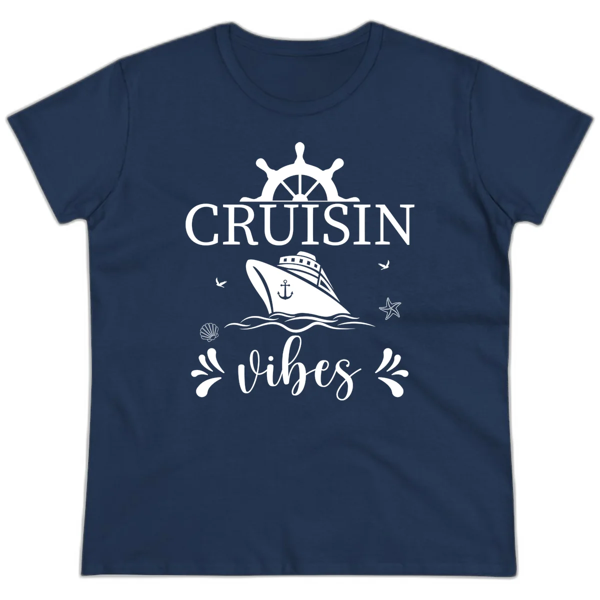 Cruisin Vibes Nautical Helm Ladies Tee in Navy