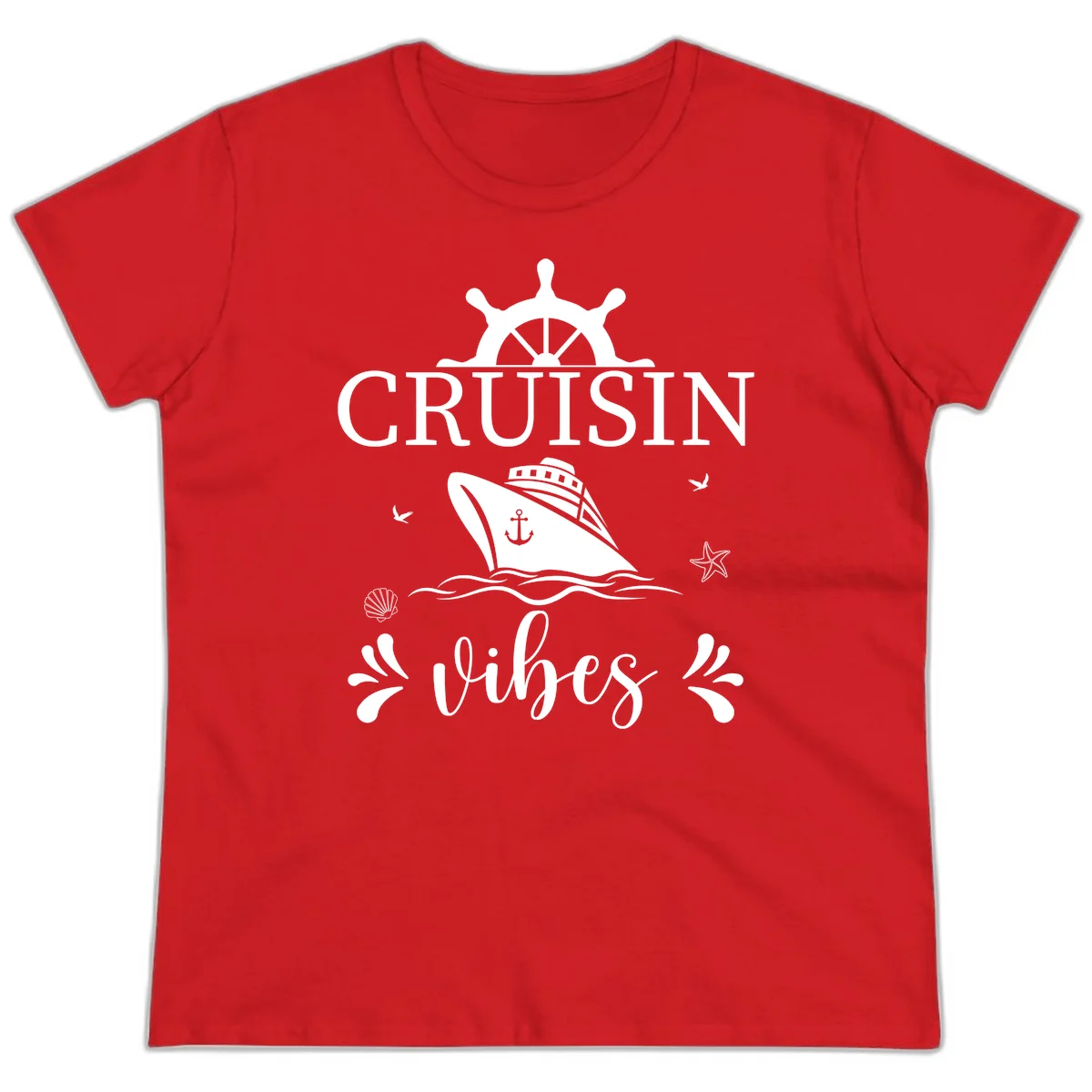 Cruisin Vibes Nautical Helm Ladies Tee in Red