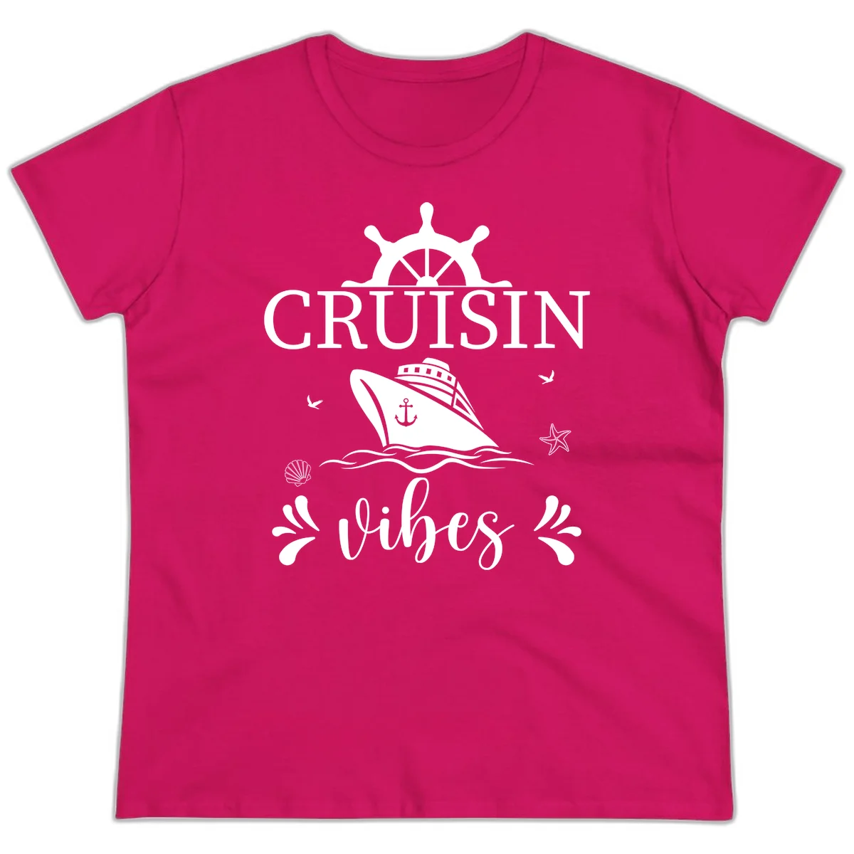 Cruisin Vibes Nautical Helm Ladies Tee in Heliconia