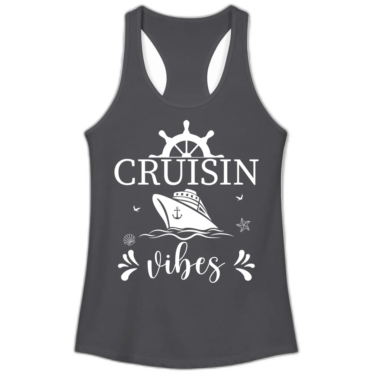 Cruisin Vibes Nautical Helm Ladies Tank in Solid Dark Gray