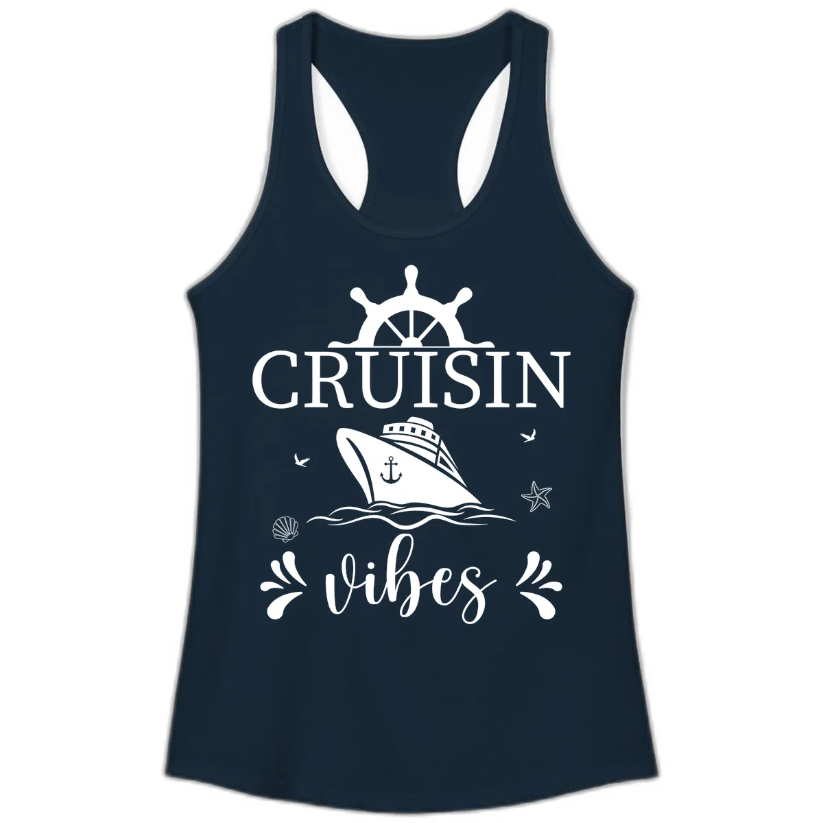 Cruisin Vibes Nautical Helm Ladies Tank in Solid Midnight Navy