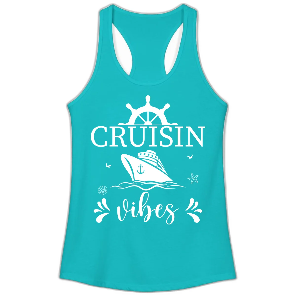Cruisin Vibes Nautical Helm Ladies Tank in Tahiti Blue