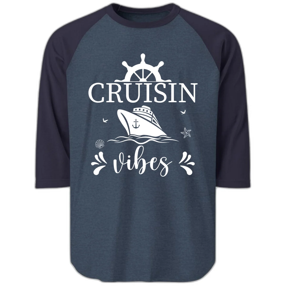 Cruisin Vibes Nautical Helm Raglan 3/4 in Heather Denim Navy