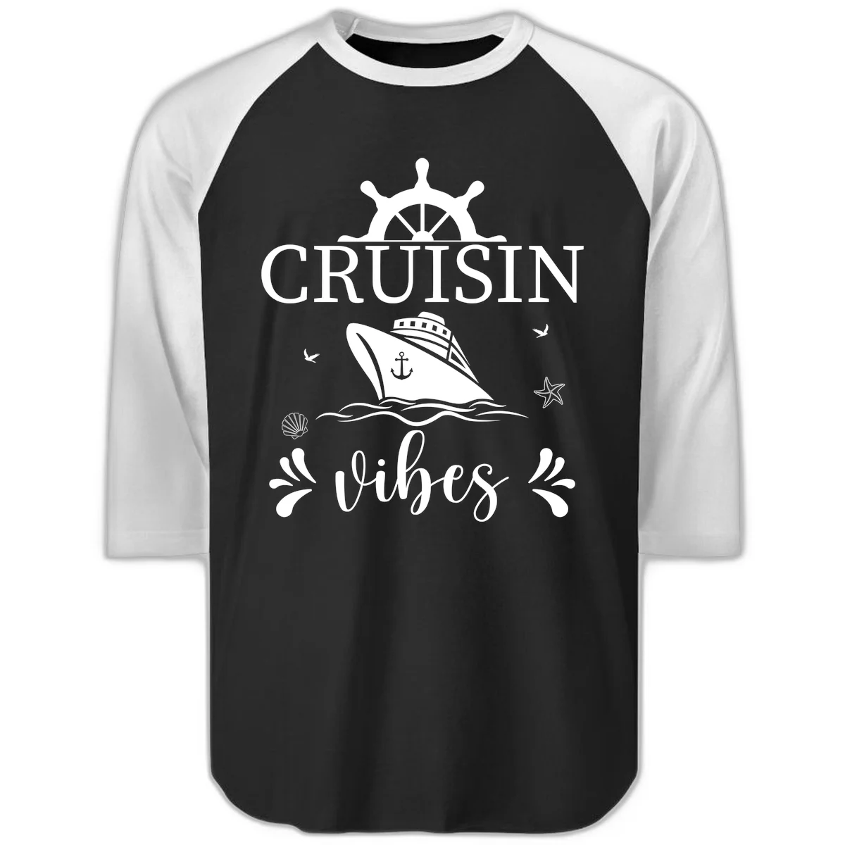 Cruisin Vibes Nautical Helm Raglan 3/4 in Black White