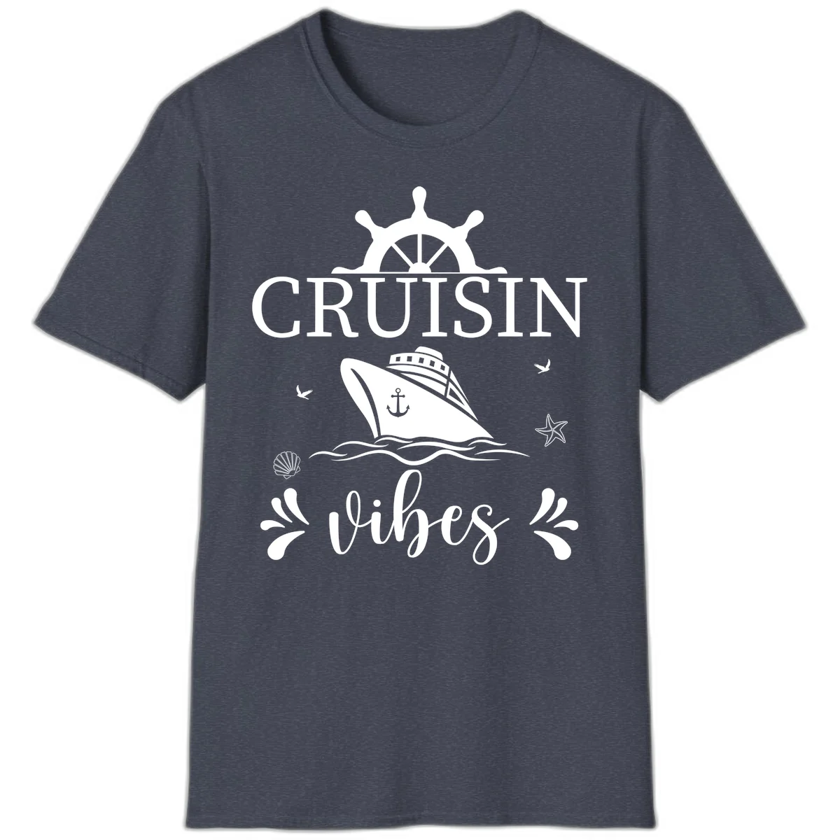 Cruisin Vibes Nautical Helm T-Shirt in Heather Navy