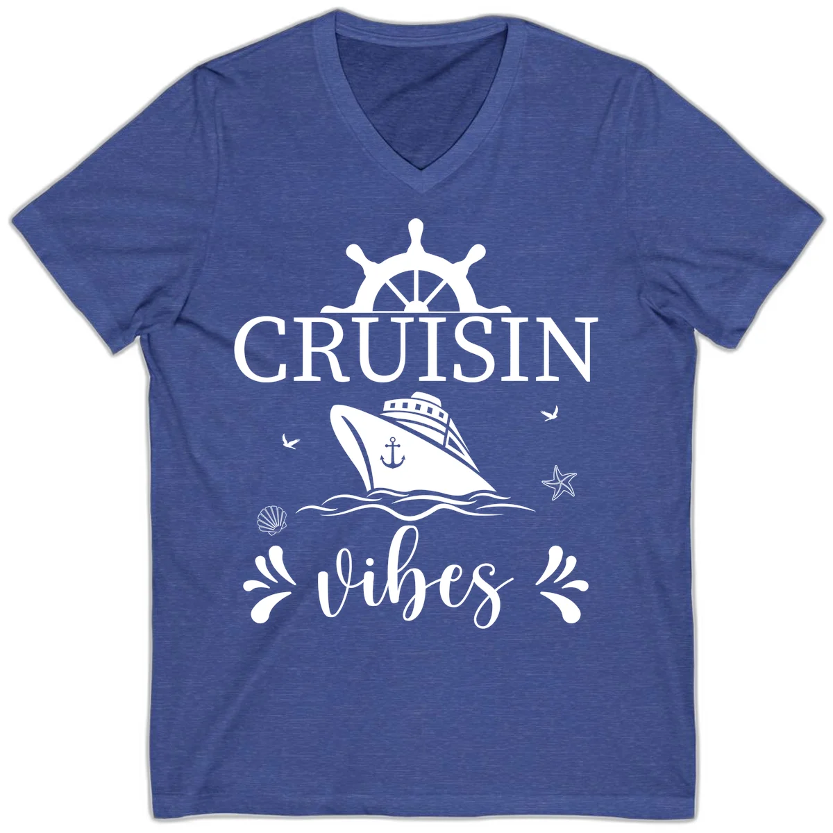 Cruisin Vibes Nautical Helm V-Neck in Heather True Royal