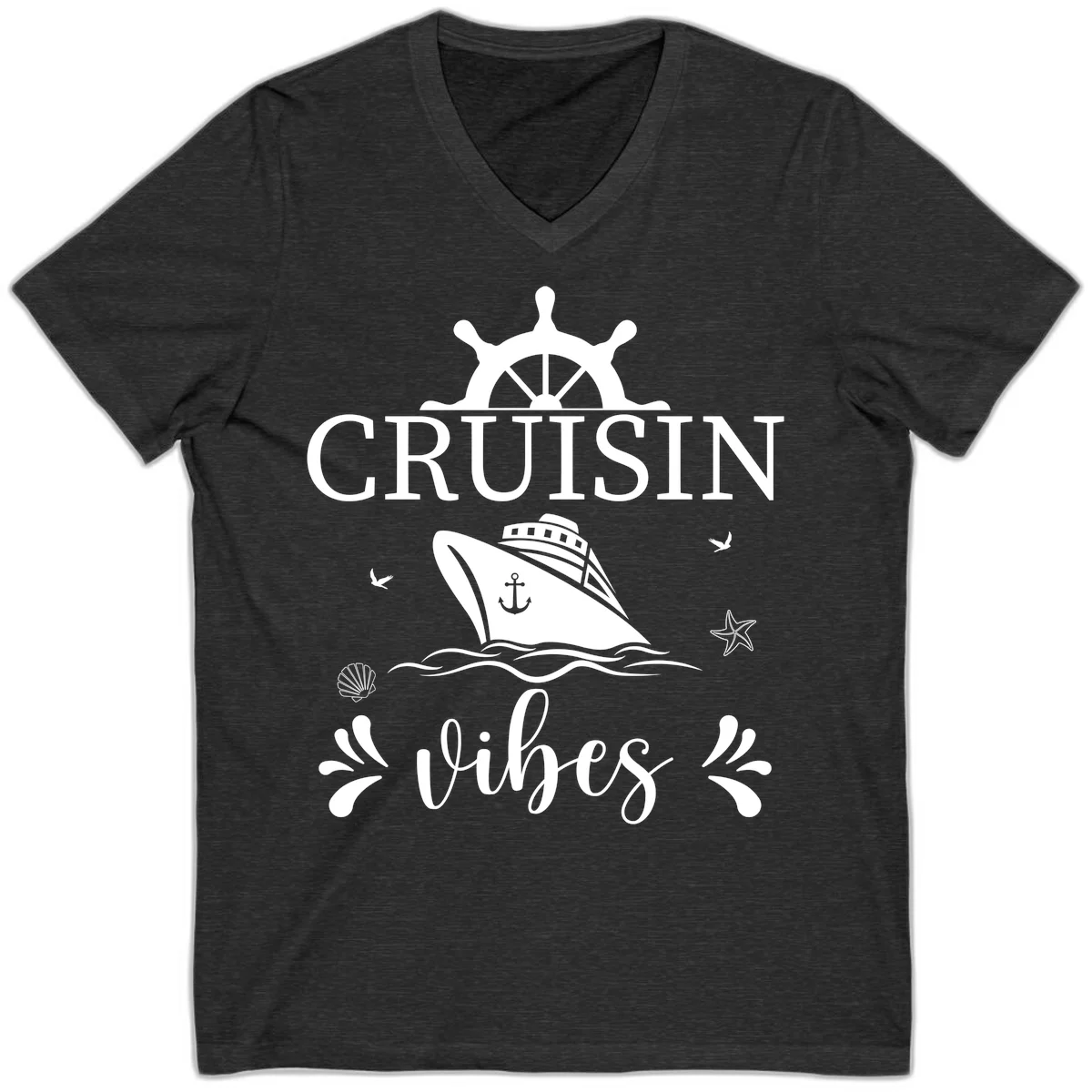 Cruisin Vibes Nautical Helm V-Neck in Dark Grey Heather