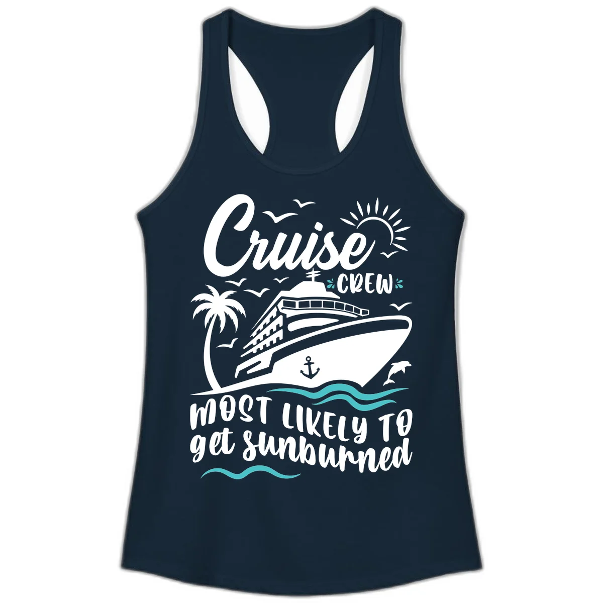 Cruise Crew Most Likely To Get Sunburned Ladies Tank in Solid Midnight Navy