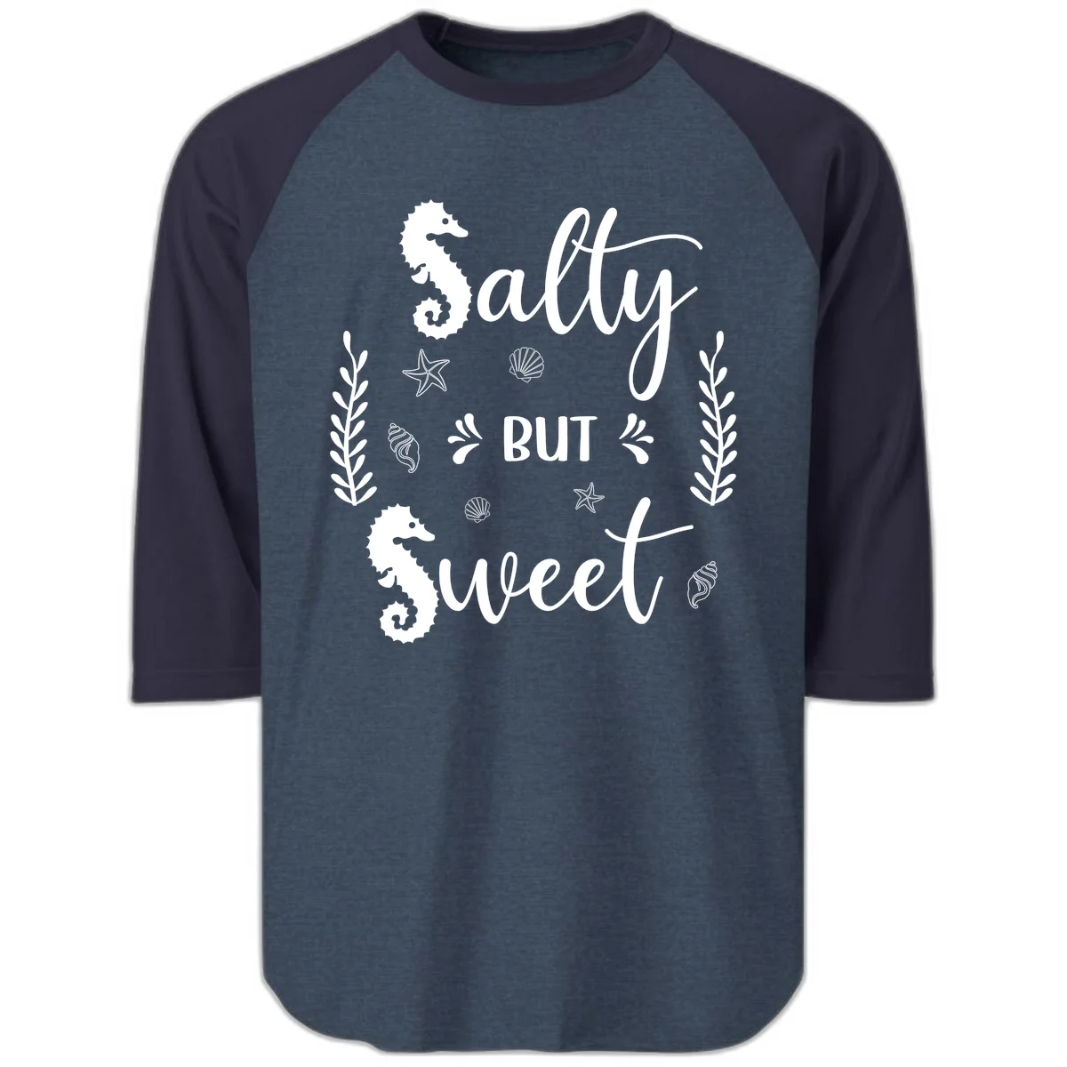 Salty But Sweet Nautical Design Raglan 3/4 in Heather Denim Navy