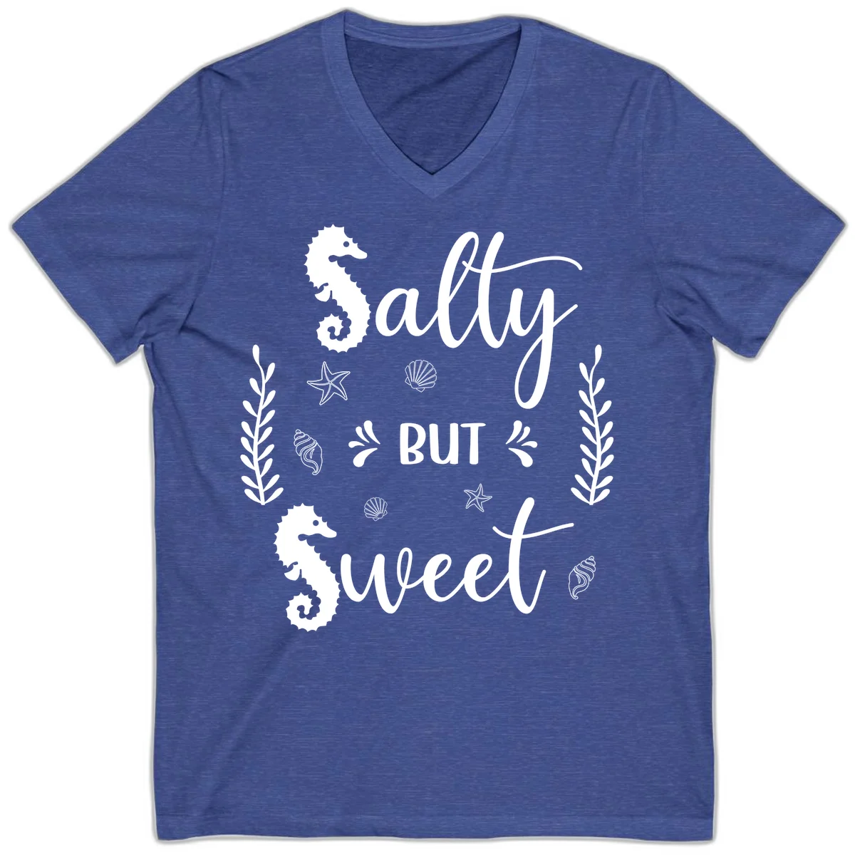 Salty But Sweet Nautical Design V-Neck in Heather True Royal