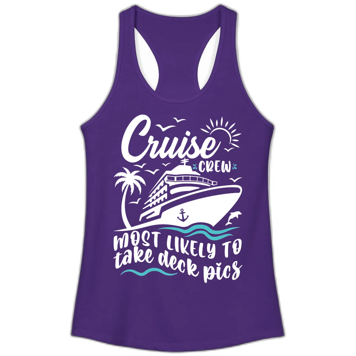 Cruise Crew Most Likely To Take Deck Pics Ladies Tank in Solid Purple Rush