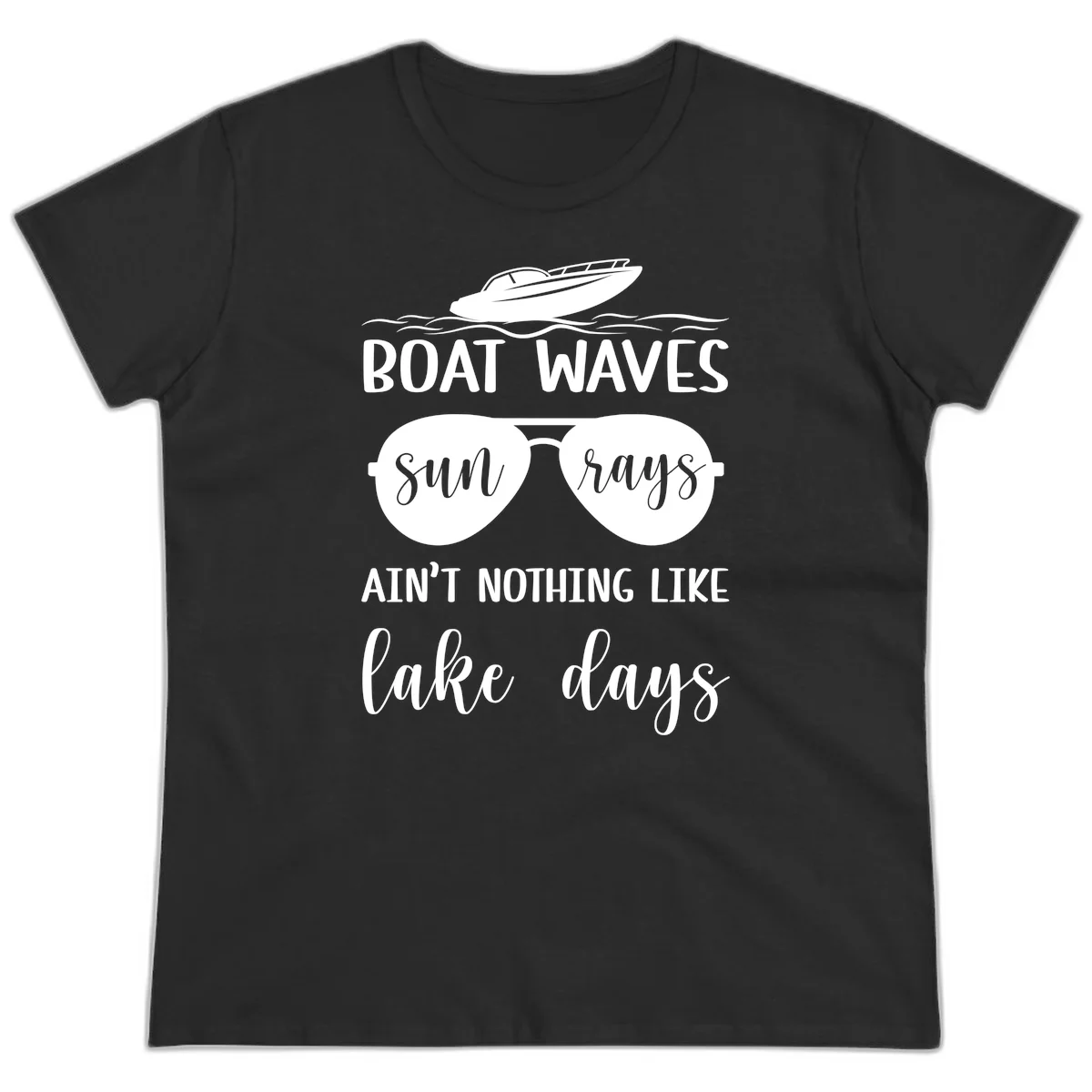 Boat Waves Sun Rays Lake Days Ladies Tee in Black