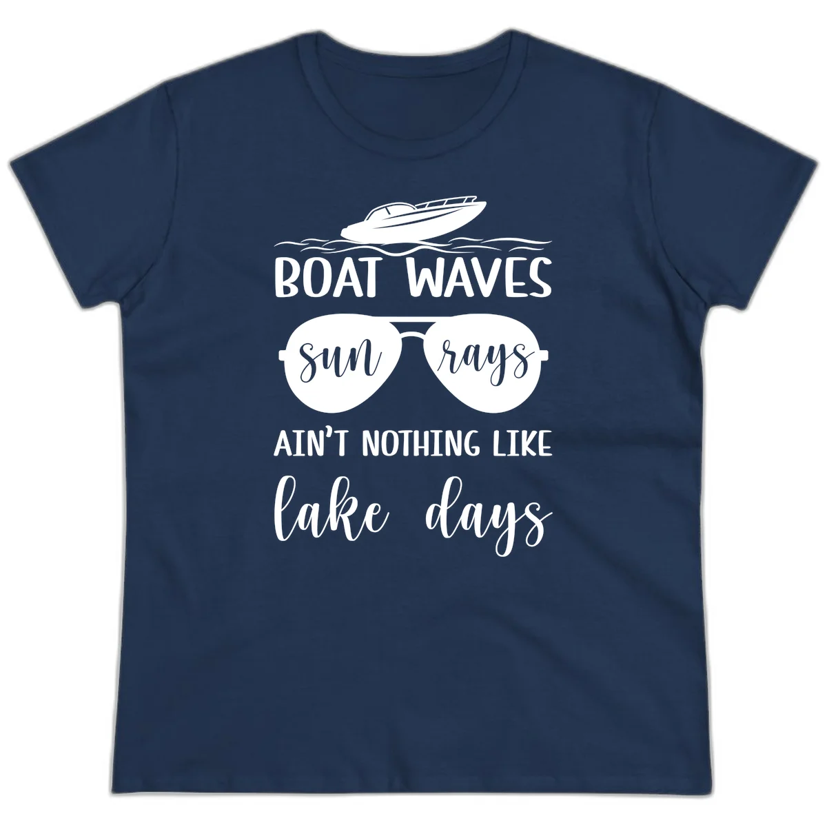 Boat Waves Sun Rays Lake Days Ladies Tee in Navy