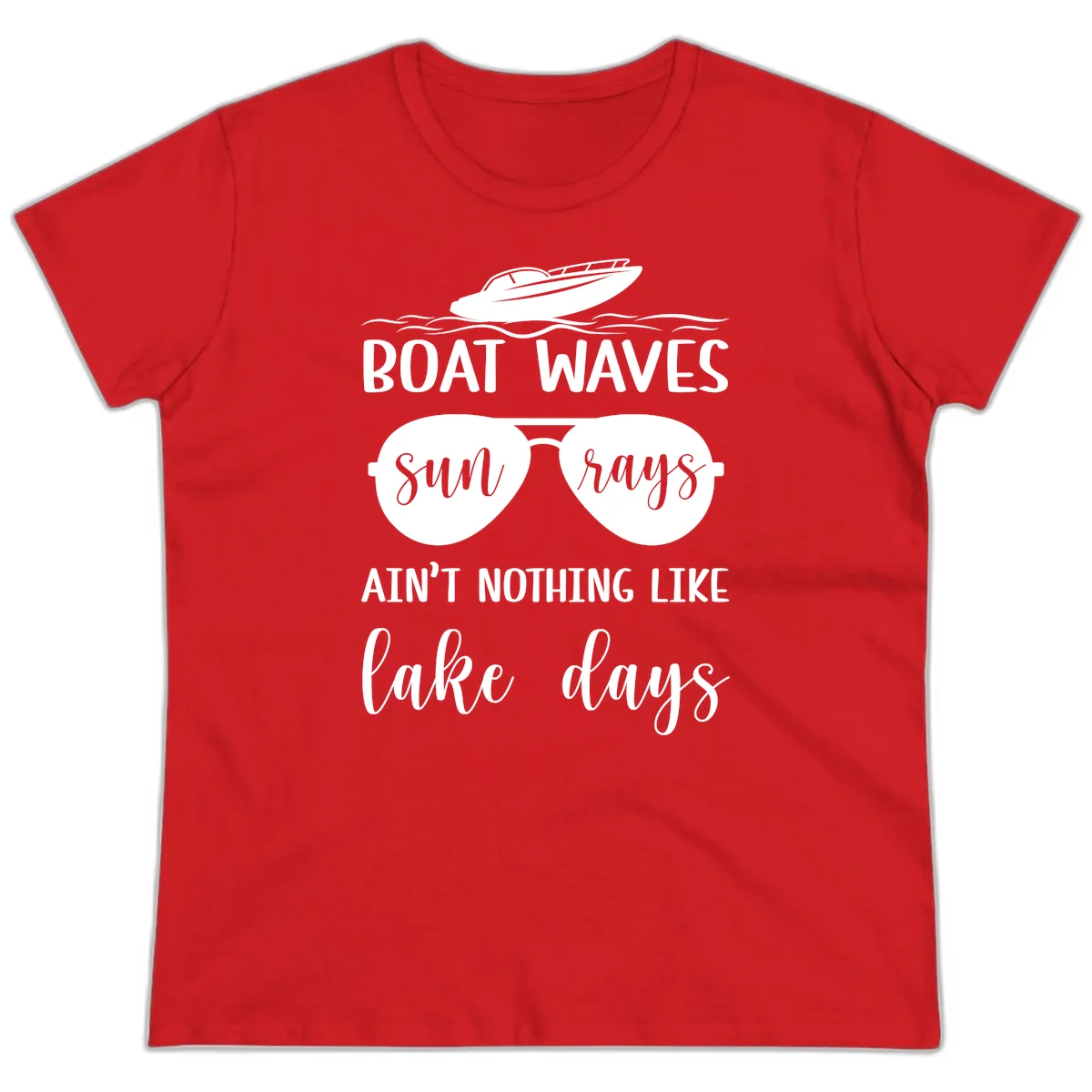 Boat Waves Sun Rays Lake Days Ladies Tee in Red