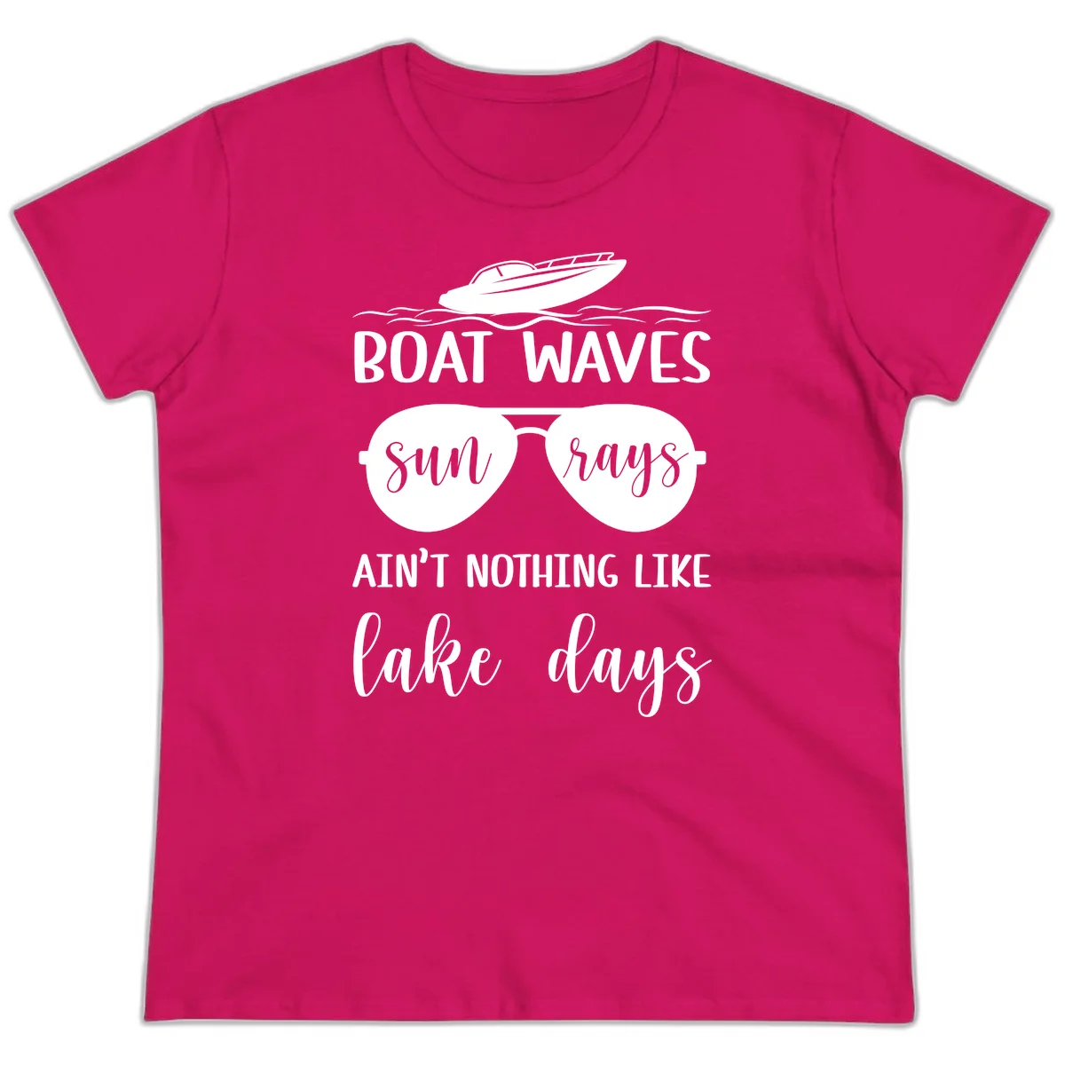 Boat Waves Sun Rays Lake Days Ladies Tee in Heliconia