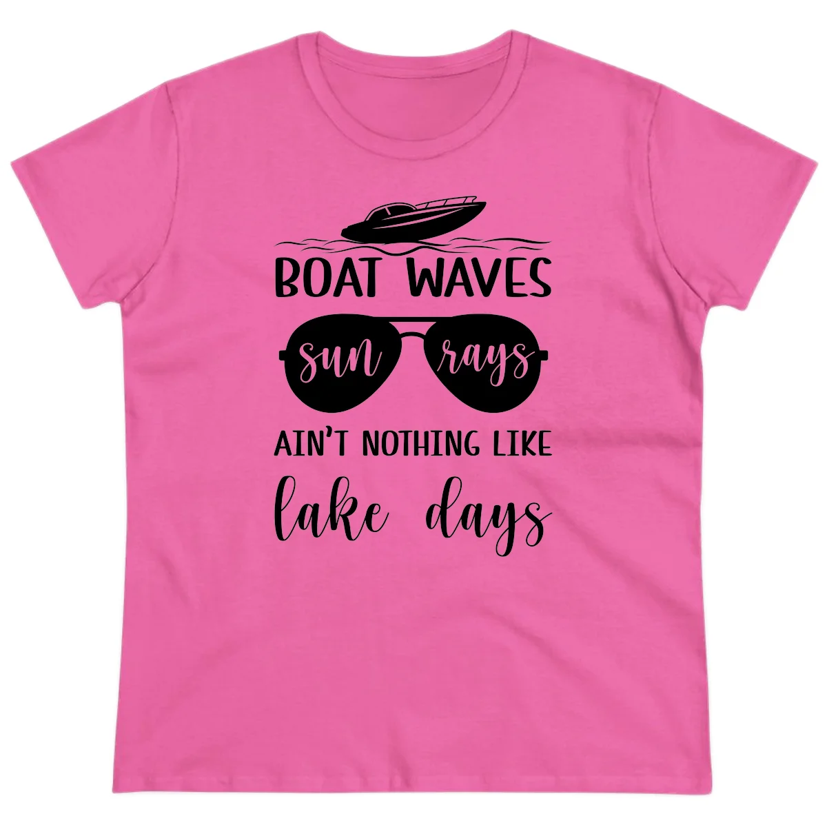 Boat Waves Sun Rays Lake Days Ladies Tee in Azalea