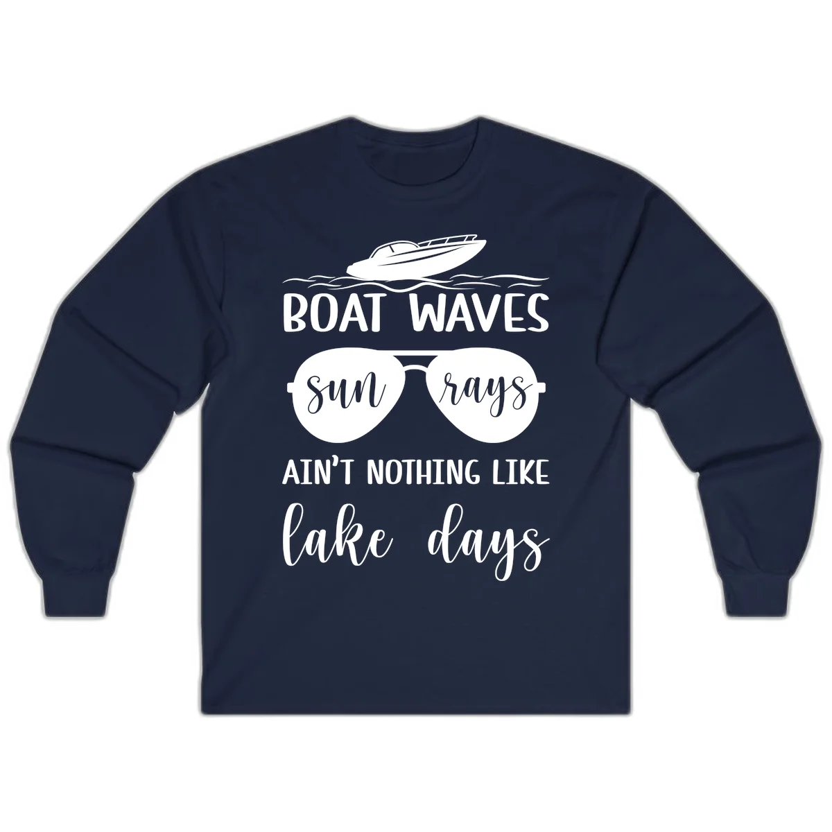 Boat Waves Sun Rays Lake Days Long Sleeve in Navy