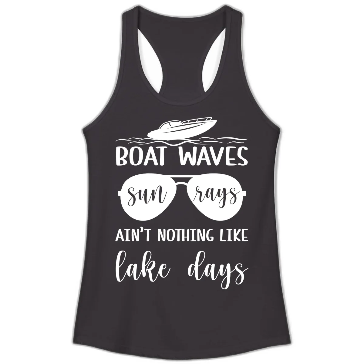 Boat Waves Sun Rays Lake Days Ladies Tank in Black