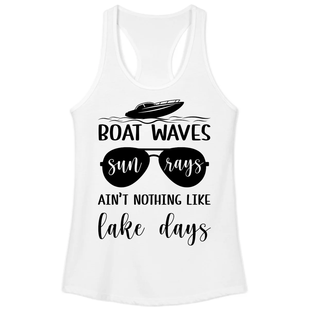 Boat Waves Sun Rays Lake Days Ladies Tank in White