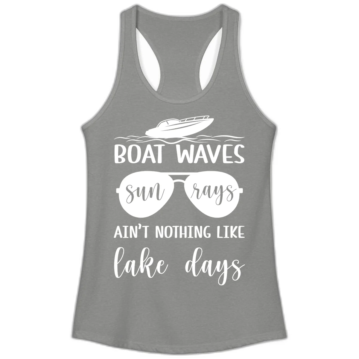 Boat Waves Sun Rays Lake Days Ladies Tank in Heather Grey