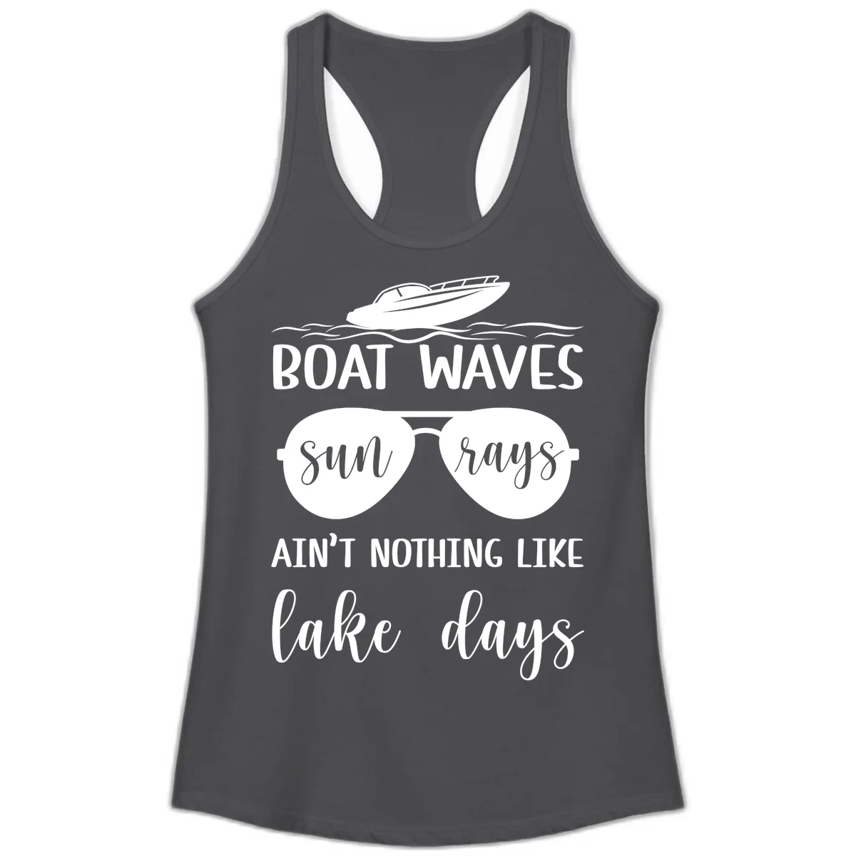 Boat Waves Sun Rays Lake Days Ladies Tank in Solid Dark Gray
