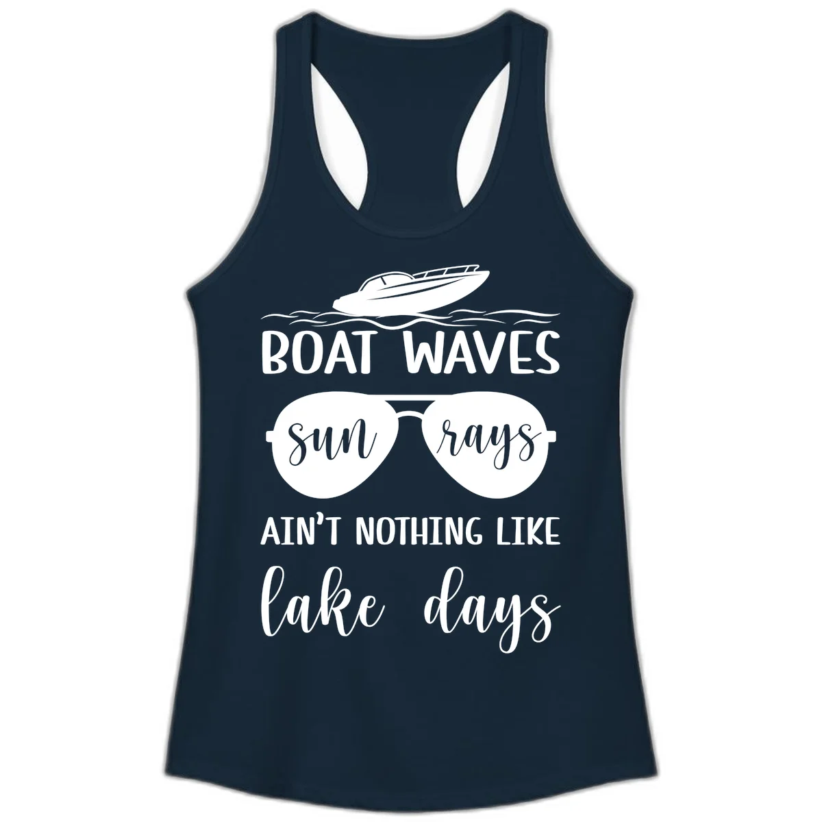 Boat Waves Sun Rays Lake Days Ladies Tank in Solid Midnight Navy