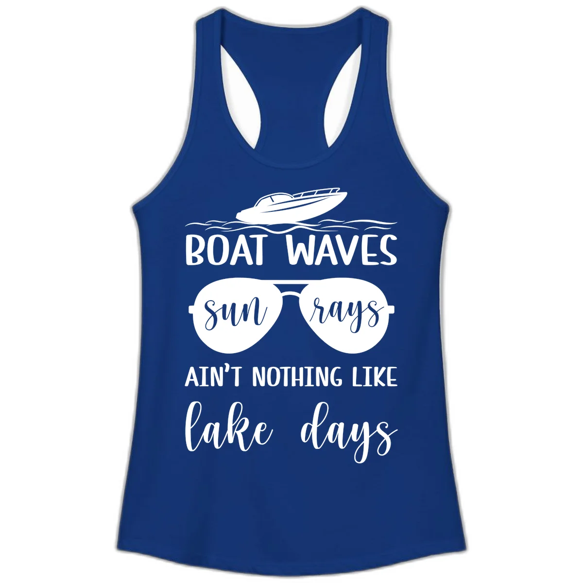Boat Waves Sun Rays Lake Days Ladies Tank in Solid Royal