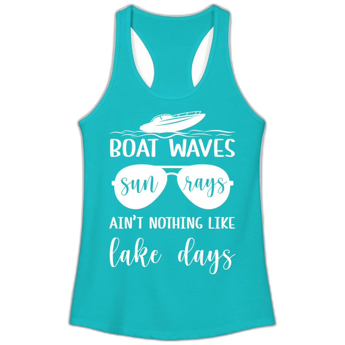 Boat Waves Sun Rays Lake Days Ladies Tank in Tahiti Blue
