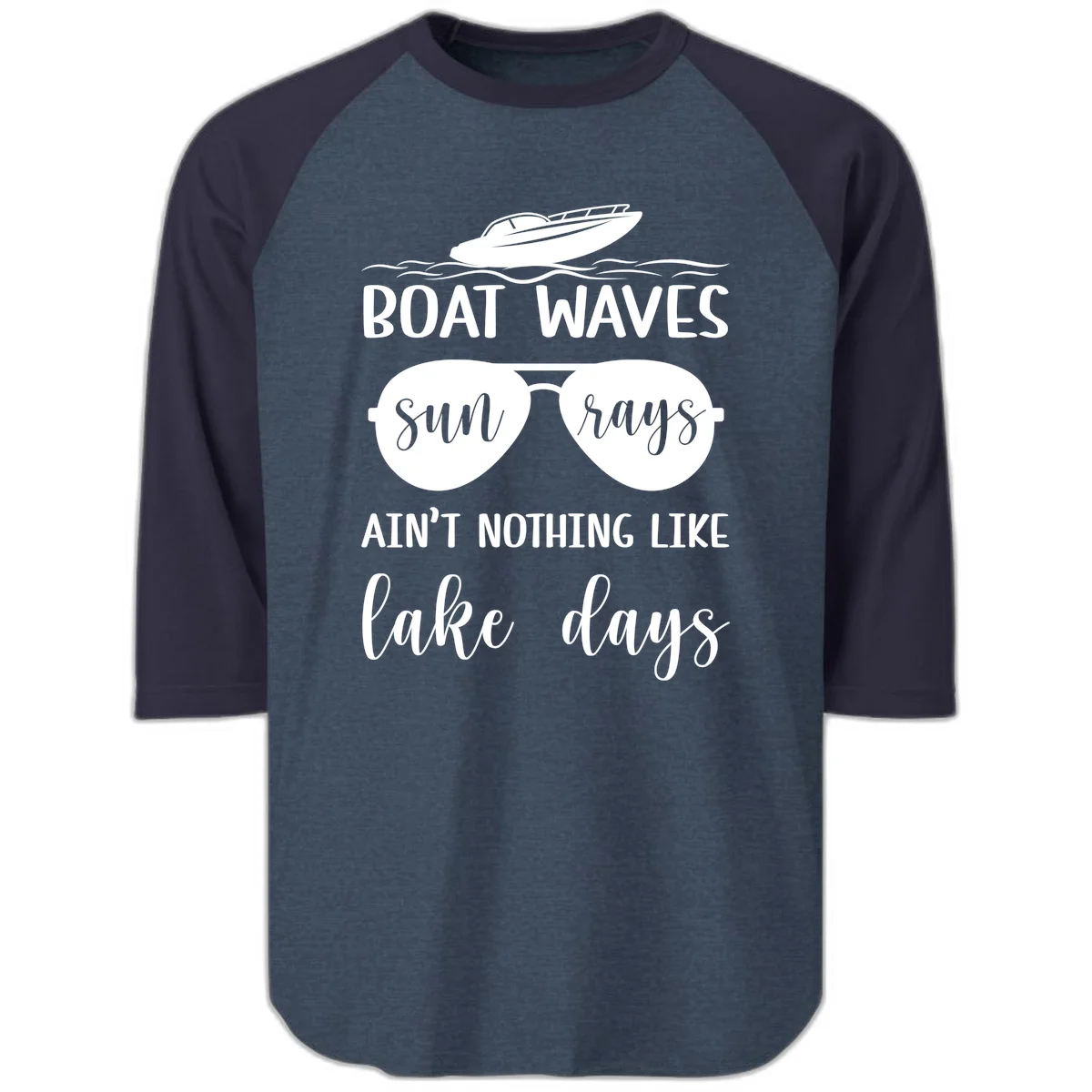 Boat Waves Sun Rays Lake Days Raglan 3/4 in Heather Denim Navy
