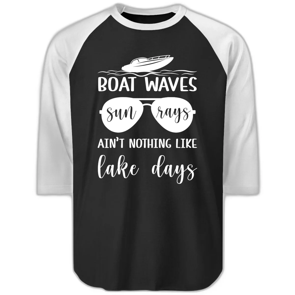 Boat Waves Sun Rays Lake Days Raglan 3/4 in Black White
