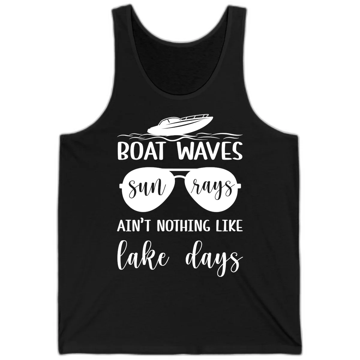 Boat Waves Sun Rays Lake Days Tank in Black