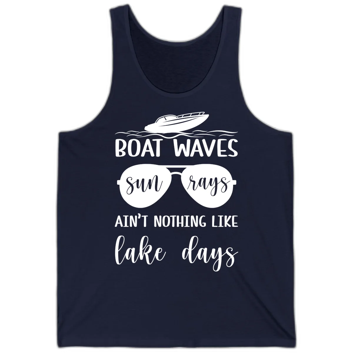 Boat Waves Sun Rays Lake Days Tank in Navy