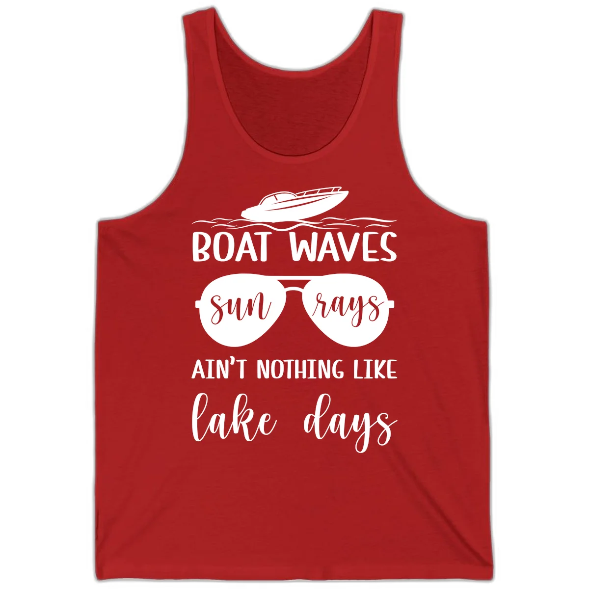 Boat Waves Sun Rays Lake Days Tank in Red