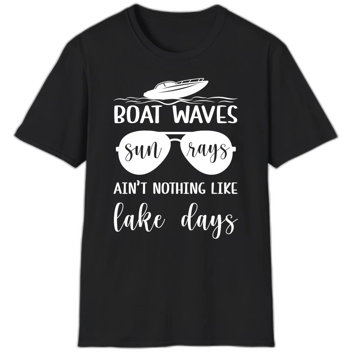 Boat Waves Sun Rays Lake Days T-Shirt in Black