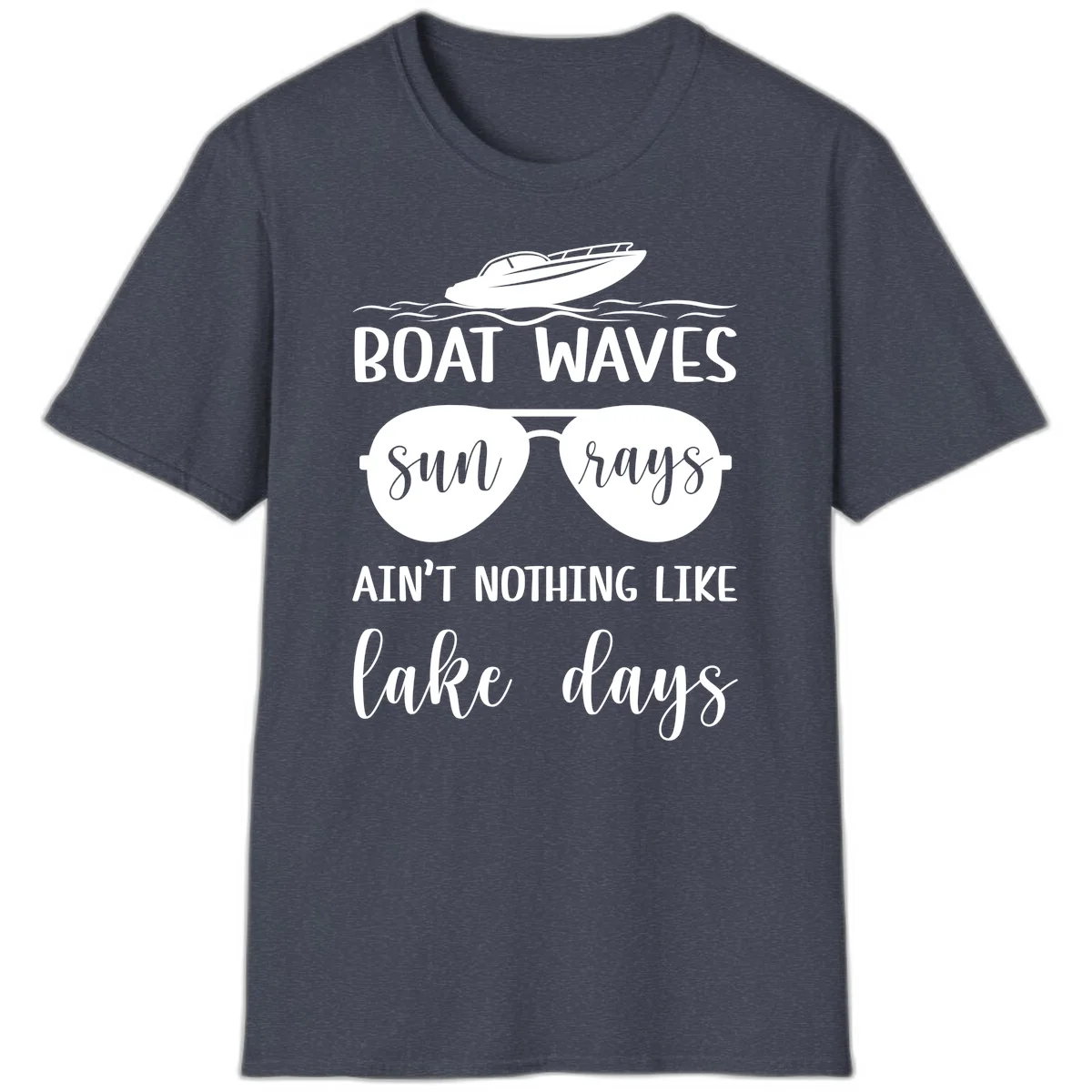 Boat Waves Sun Rays Lake Days T-Shirt in Heather Navy