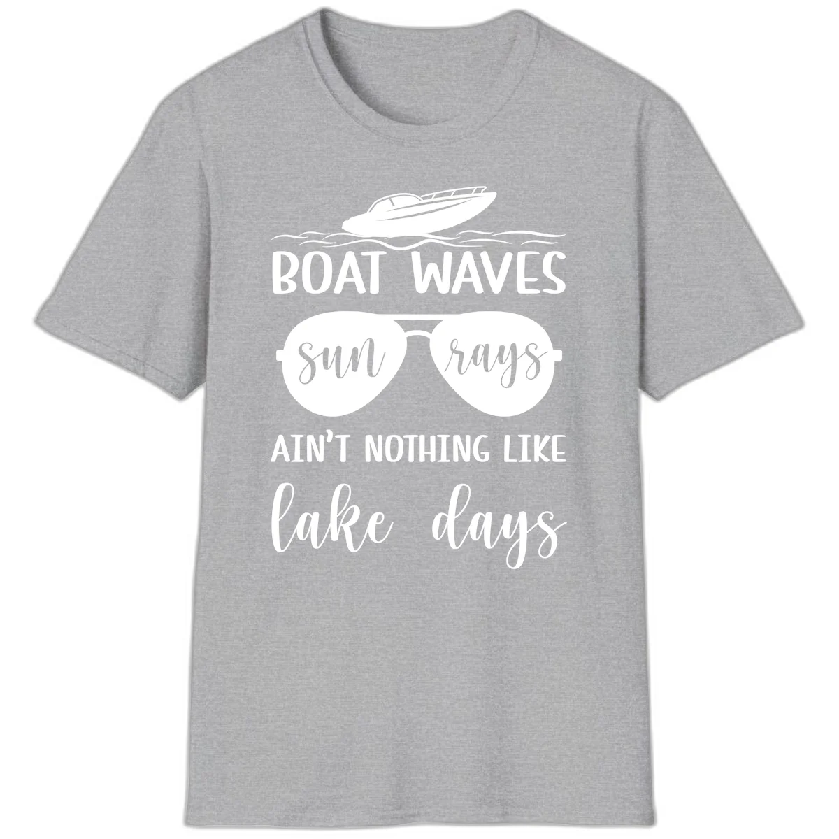 Boat Waves Sun Rays Lake Days T-Shirt in Sport Grey