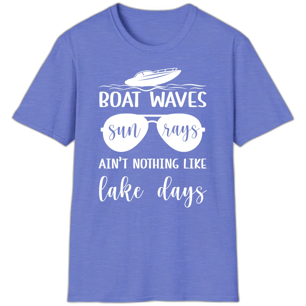 Boat Waves Sun Rays Lake Days T-Shirt in Heather Royal