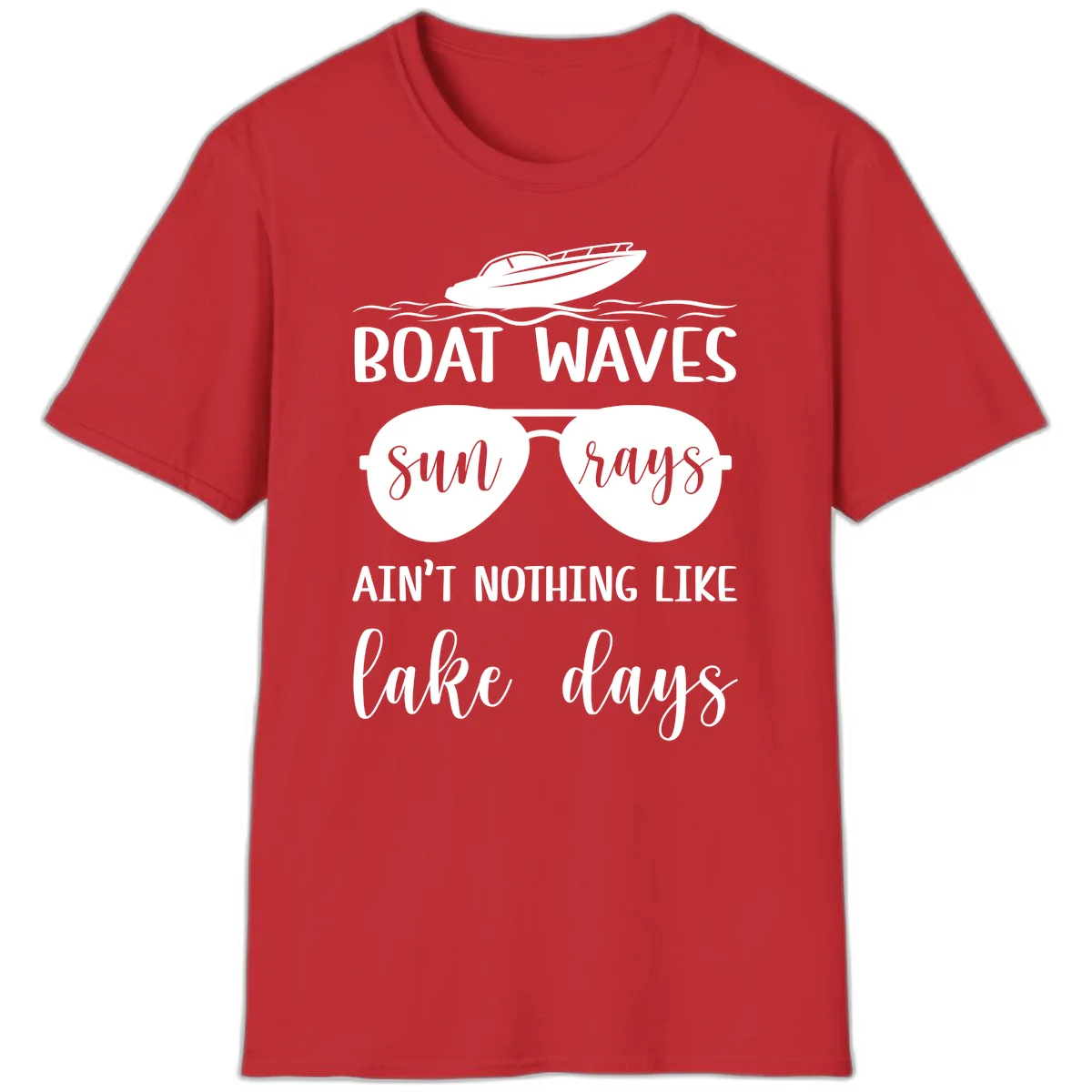 Boat Waves Sun Rays Lake Days T-Shirt in Red