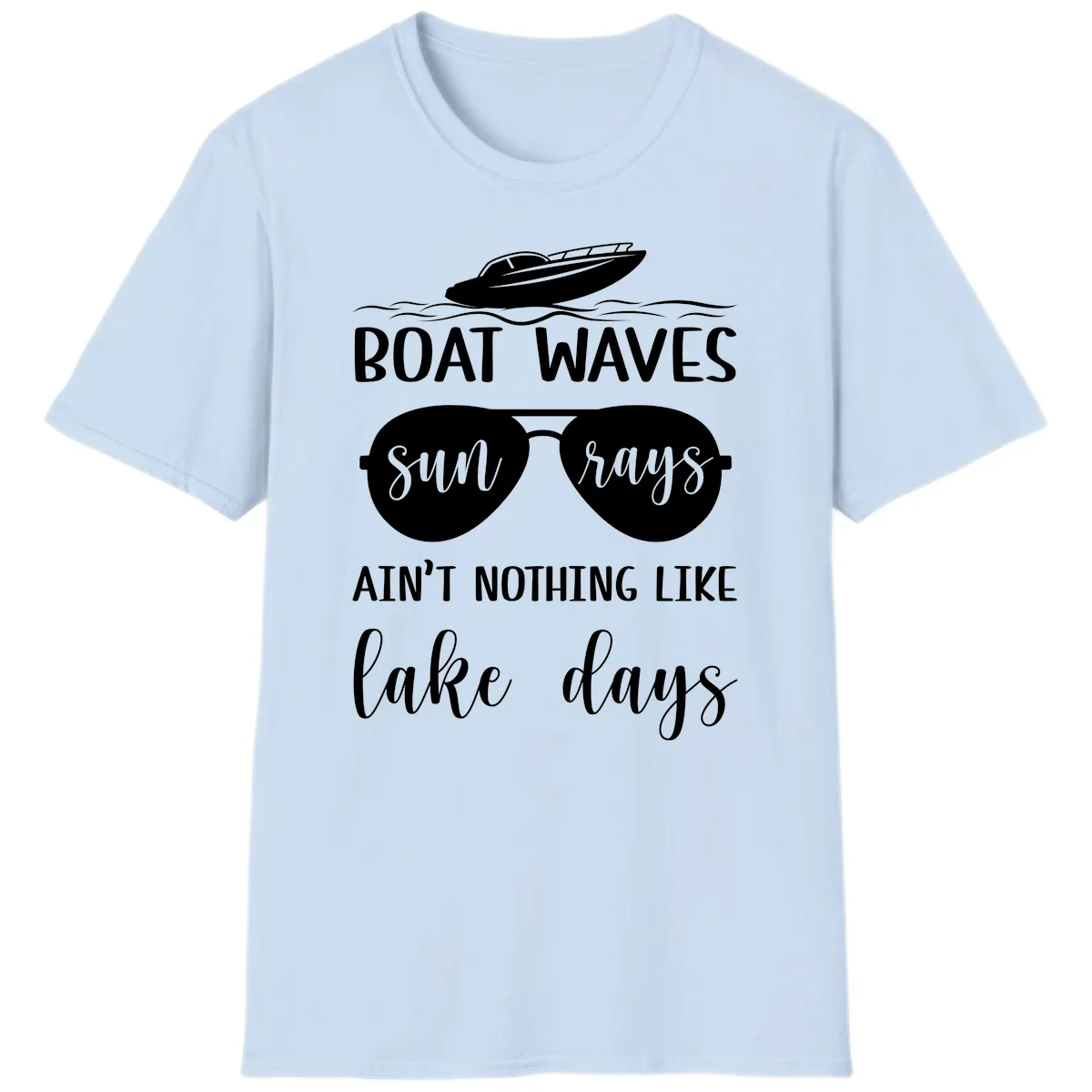 Boat Waves Sun Rays Lake Days T-Shirt in Light Blue