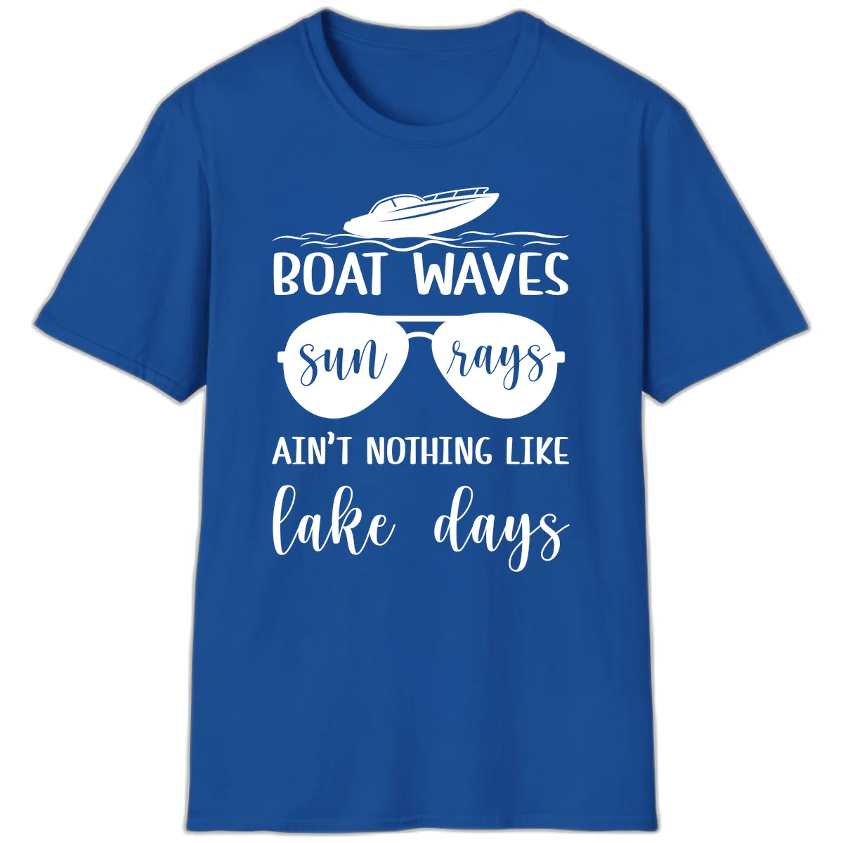 Boat Waves Sun Rays Lake Days T-Shirt in Royal