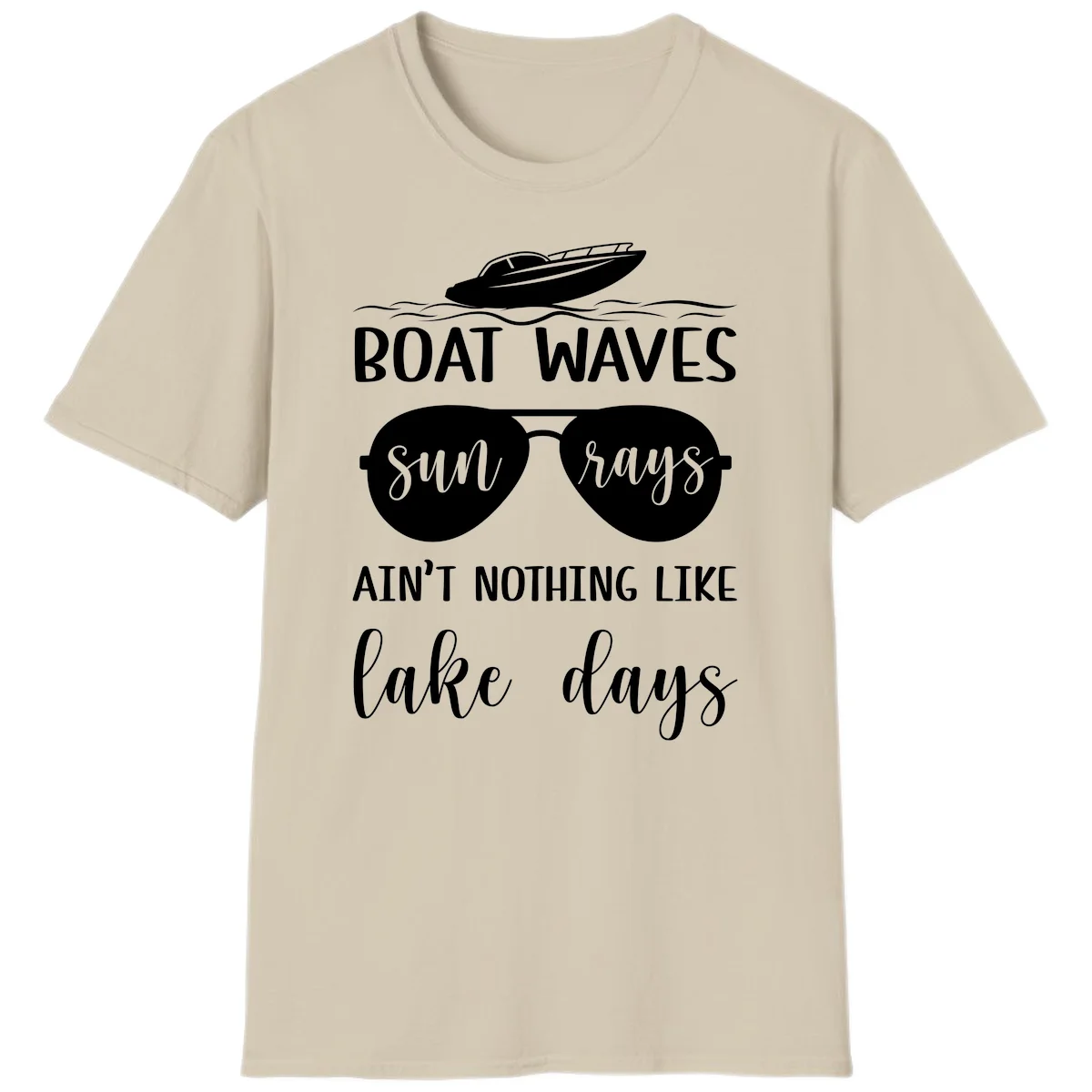 Boat Waves Sun Rays Lake Days T-Shirt in Sand