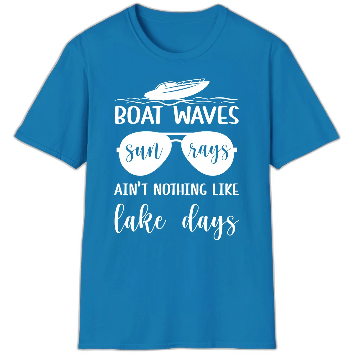 Boat Waves Sun Rays Lake Days T-Shirt in Sapphire