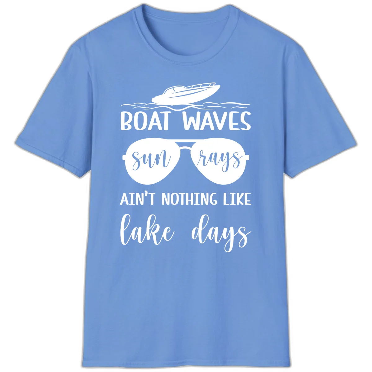 Boat Waves Sun Rays Lake Days T-Shirt in Carolina Blue